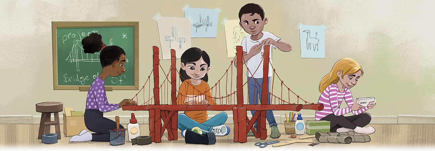 Illustration of three students working on building a model bridge while a fourth plays games