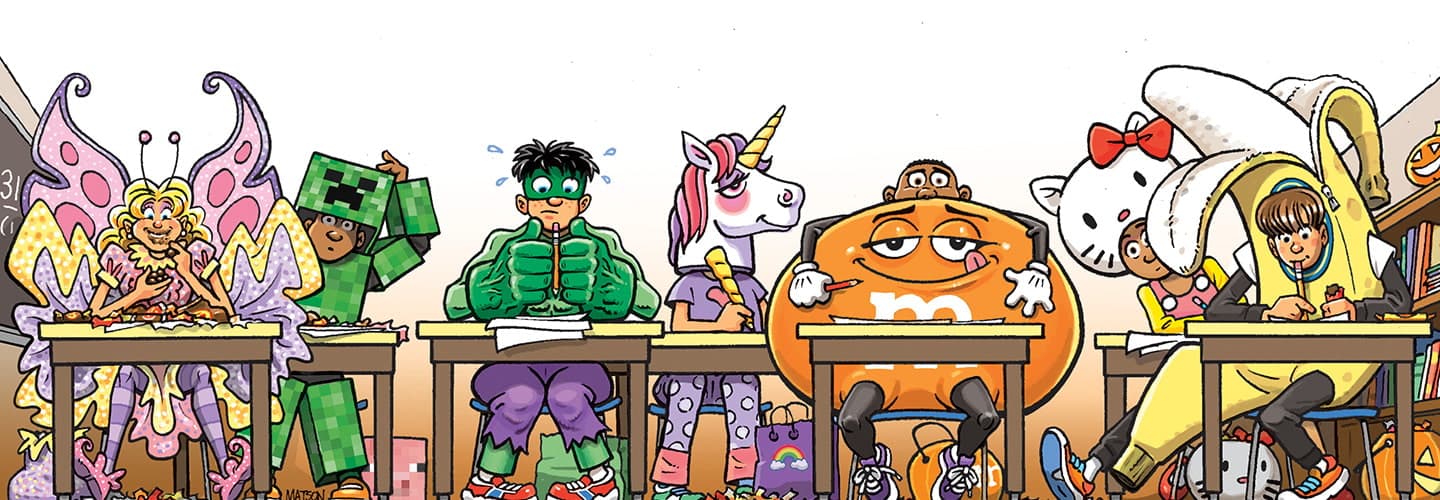 Illustration of students dressed in various Halloween costumes sitting at their desks