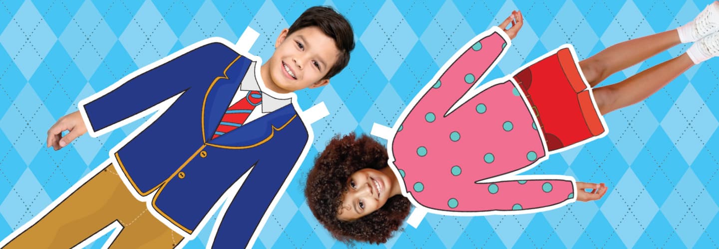 Image of two kids wearing cartoon clothing