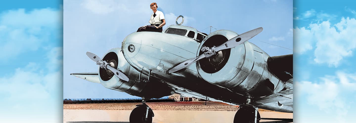 Colorized image of Amelia Earhart posing on top of a plane