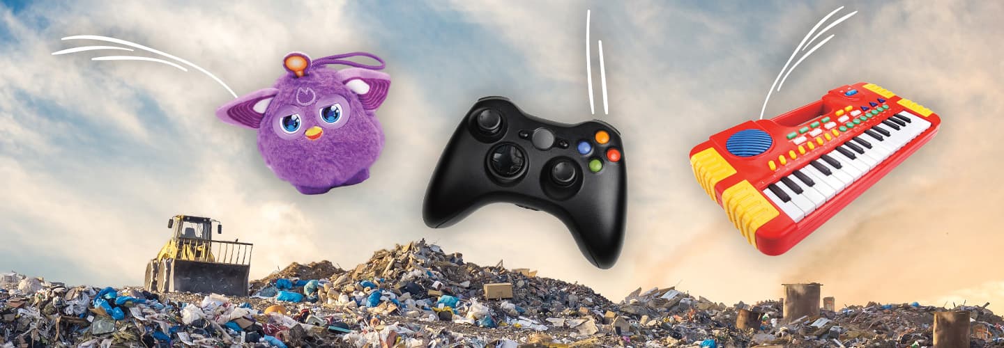 Image of a furby, game controller, and toy piano being thrown in garbage dump