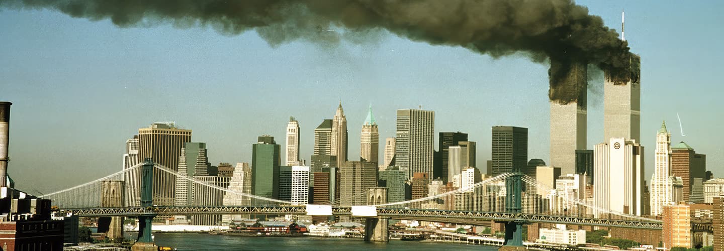 Photo of black smoke emitting from the World Trade Center on September 11, 2001