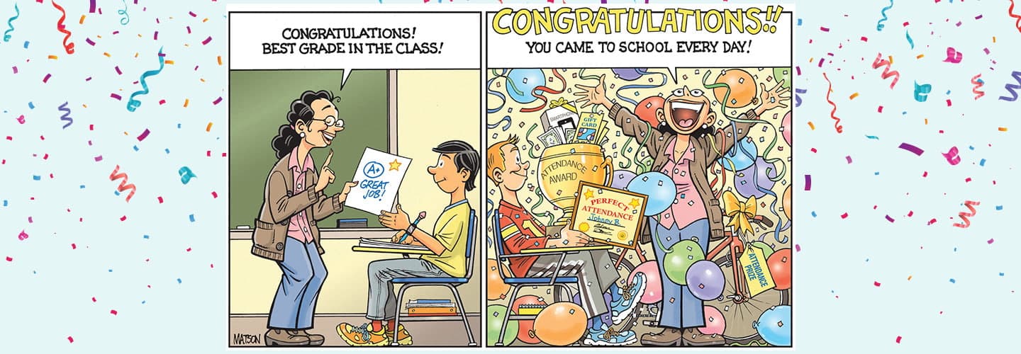 Illustration of teacher giving student A+ for best grade & party for student with perfect attendance