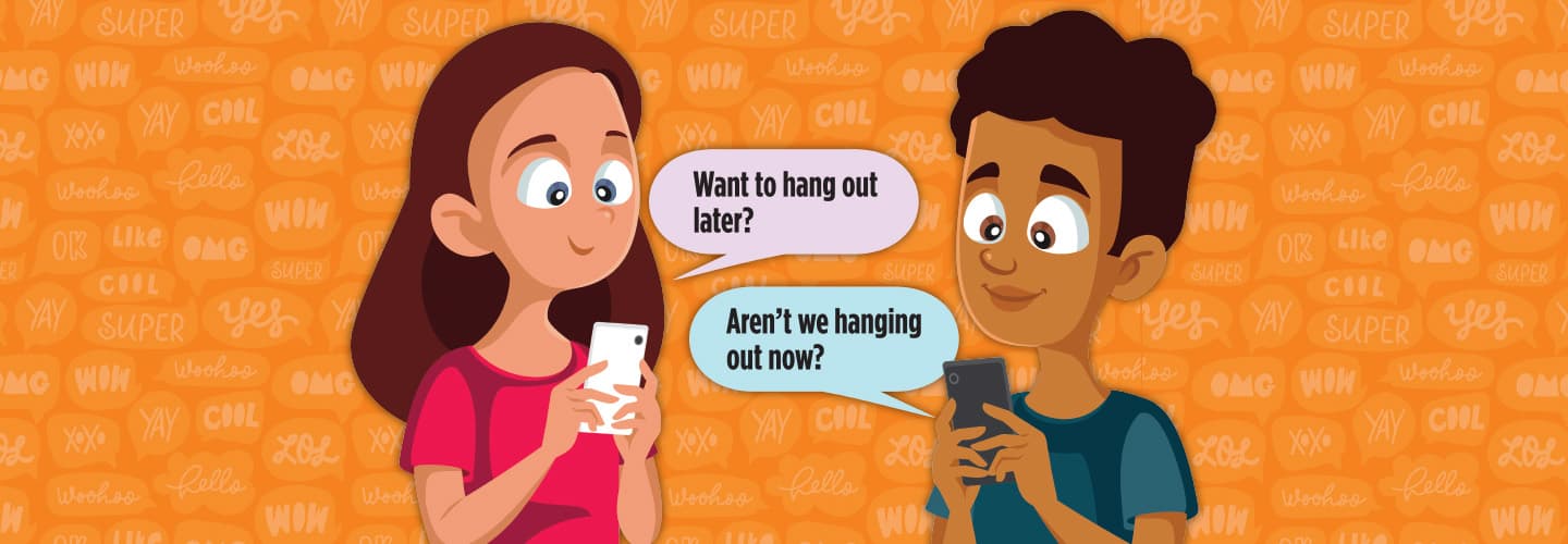 Illustration of two people texting each other wondering if that means they're hanging out