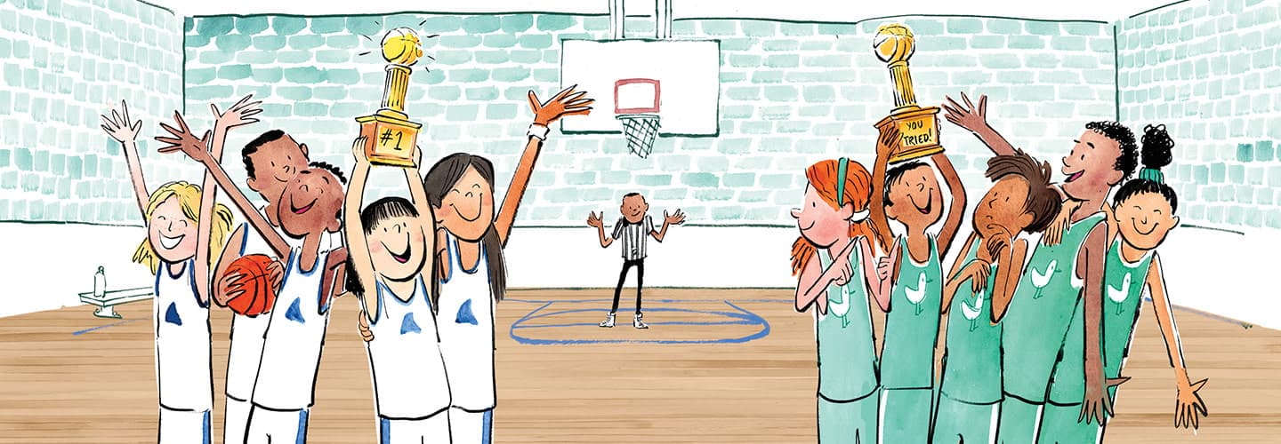 Illustration of trophies being awarded to both basketball teams