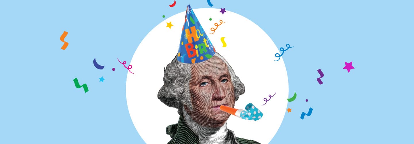 Image of George Washington with birthday hat on