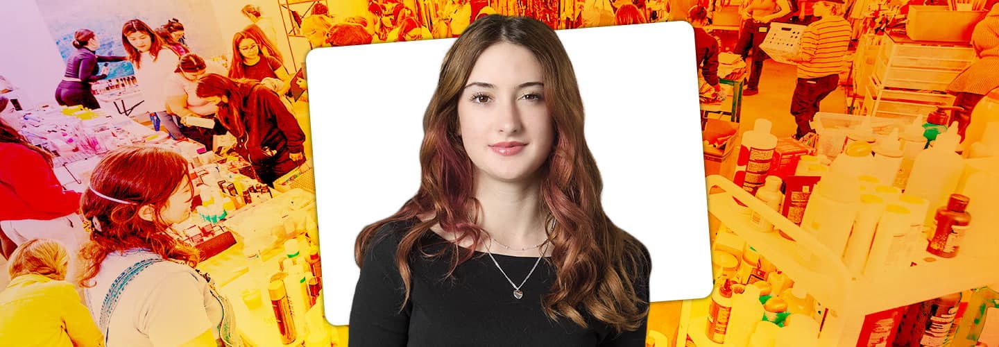 Headshot against image of busy retail store