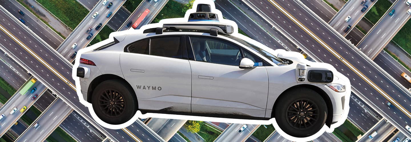 Image of driverless car against backdrop of roads