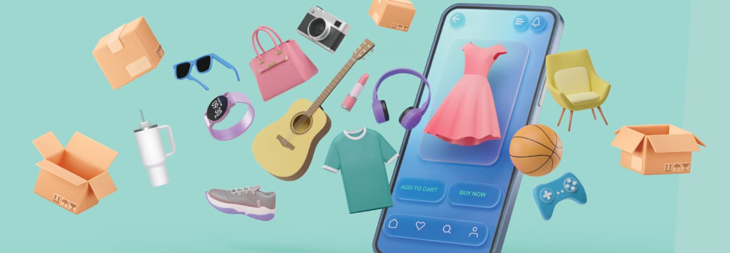 illustration of a bunch of clothes and electronics floating out of a phone