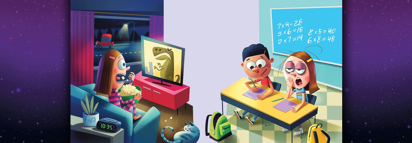 cartoon of a girl watching tv at night, then looking tired in school