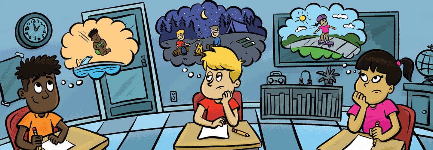 Illustration of students at school daydreaming about summer activities like swimming and camping