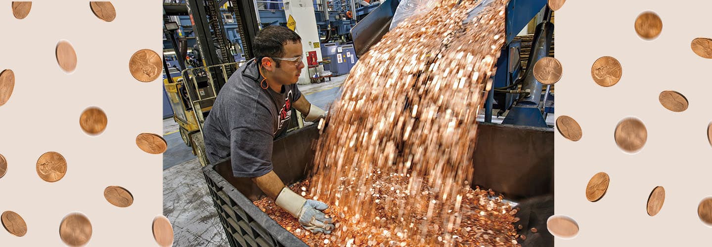 Image of pennies being made in a factory