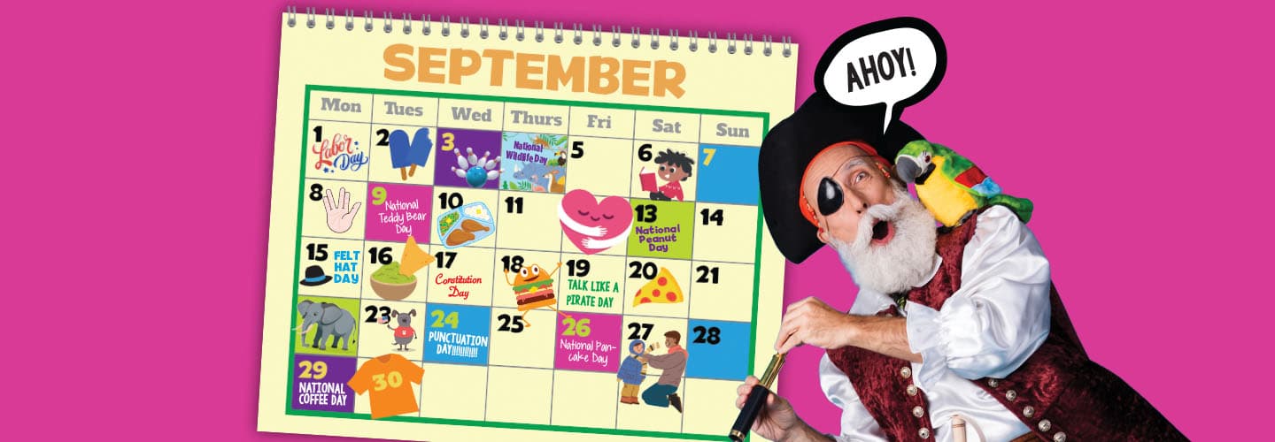 Image of pirate standing next to a packed calendar