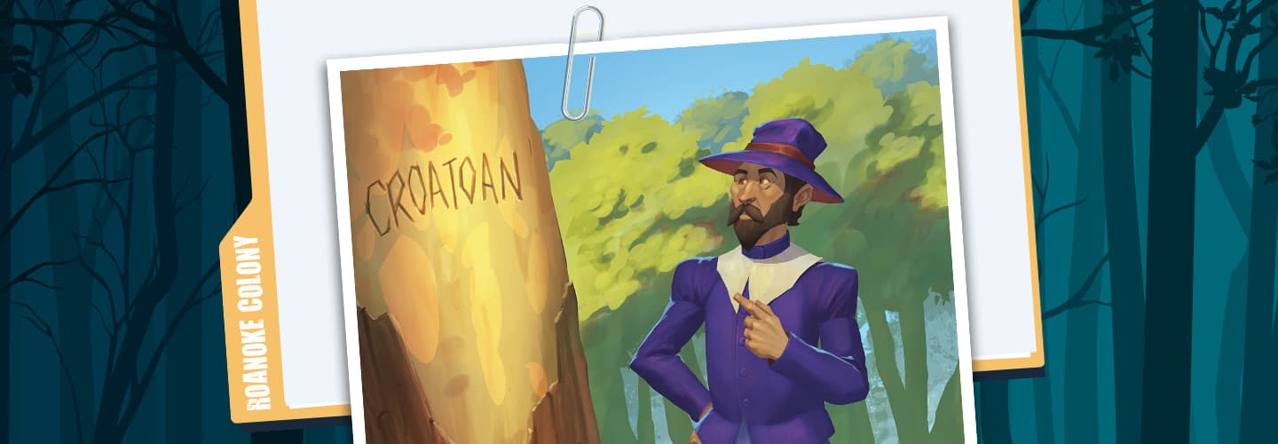 Illustration of a person reading the word 'Croatoan' carved into tree